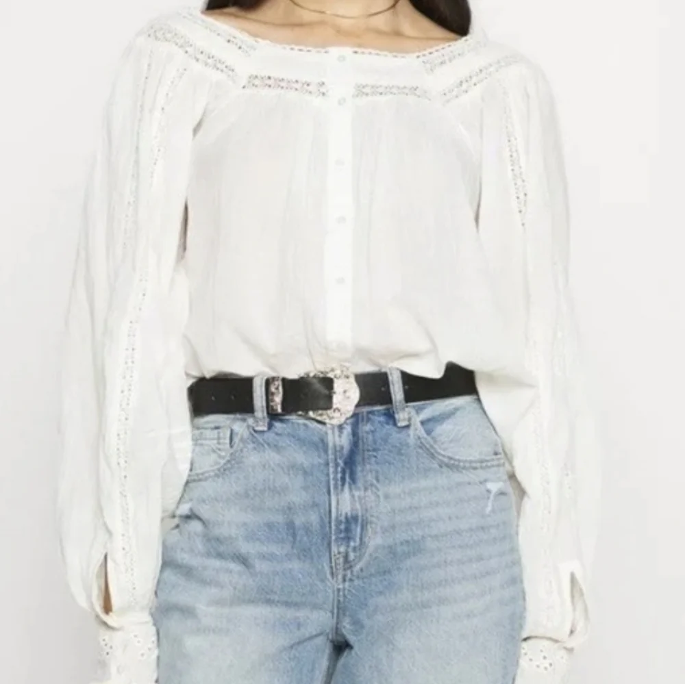 FREE PEOPLE White Cotton Blouse Lace Eyelet Reversible XS